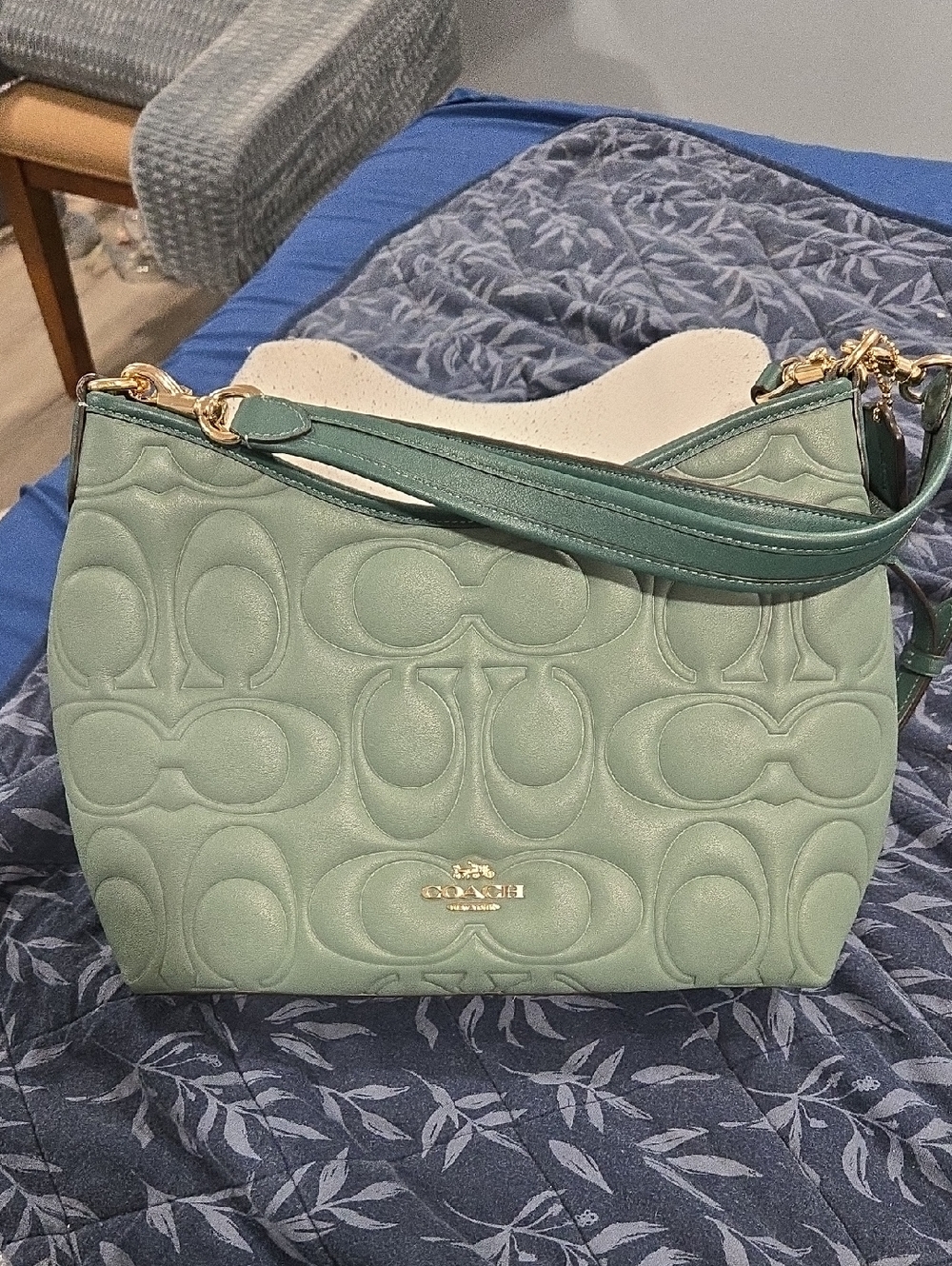 Coach Embossed Logo Shoulder Bag in Sage Green